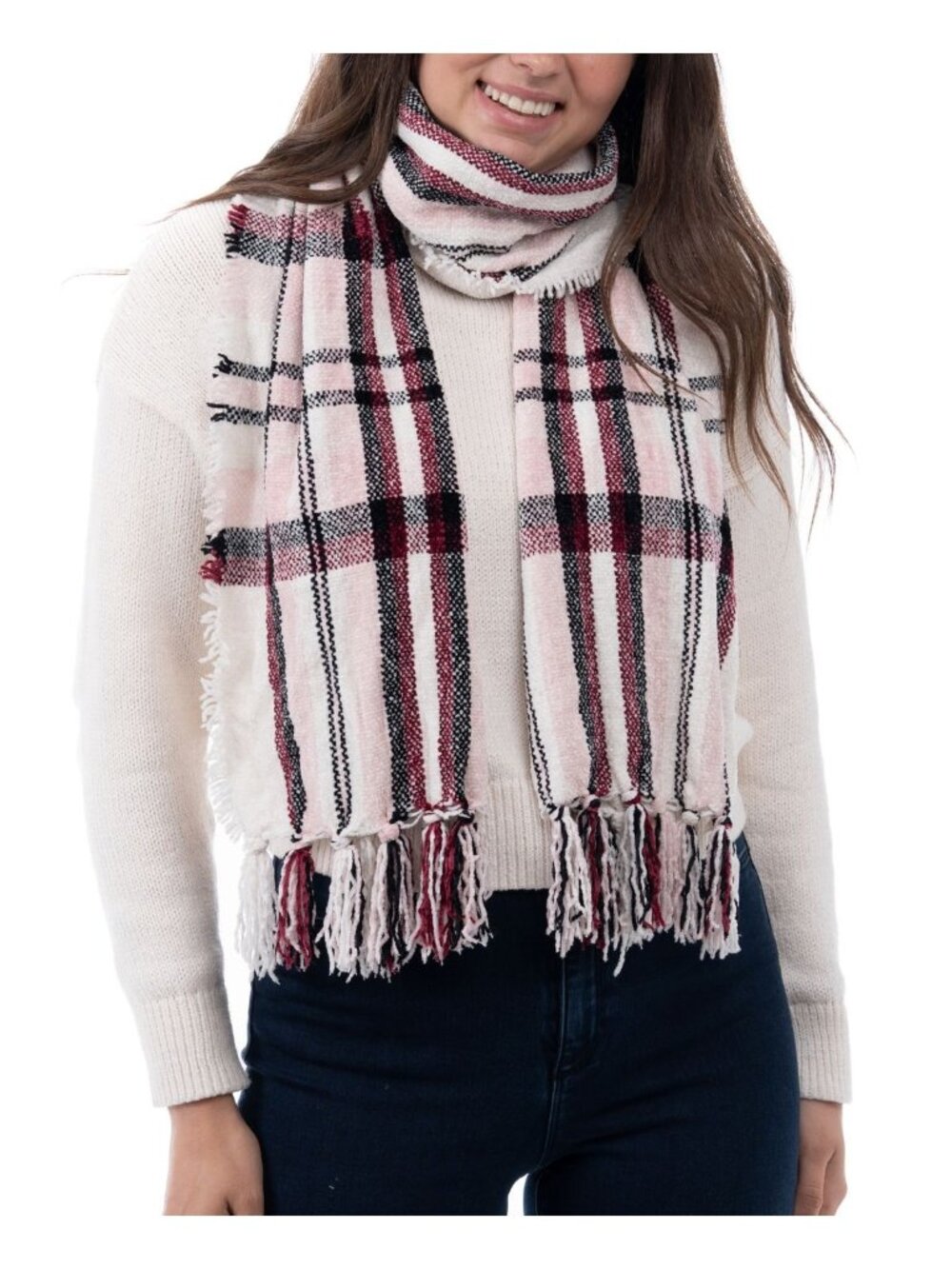 Style & Co Womens Chenille Plaid Fringe Trim Scarf Black White Wrap Size OS NWT